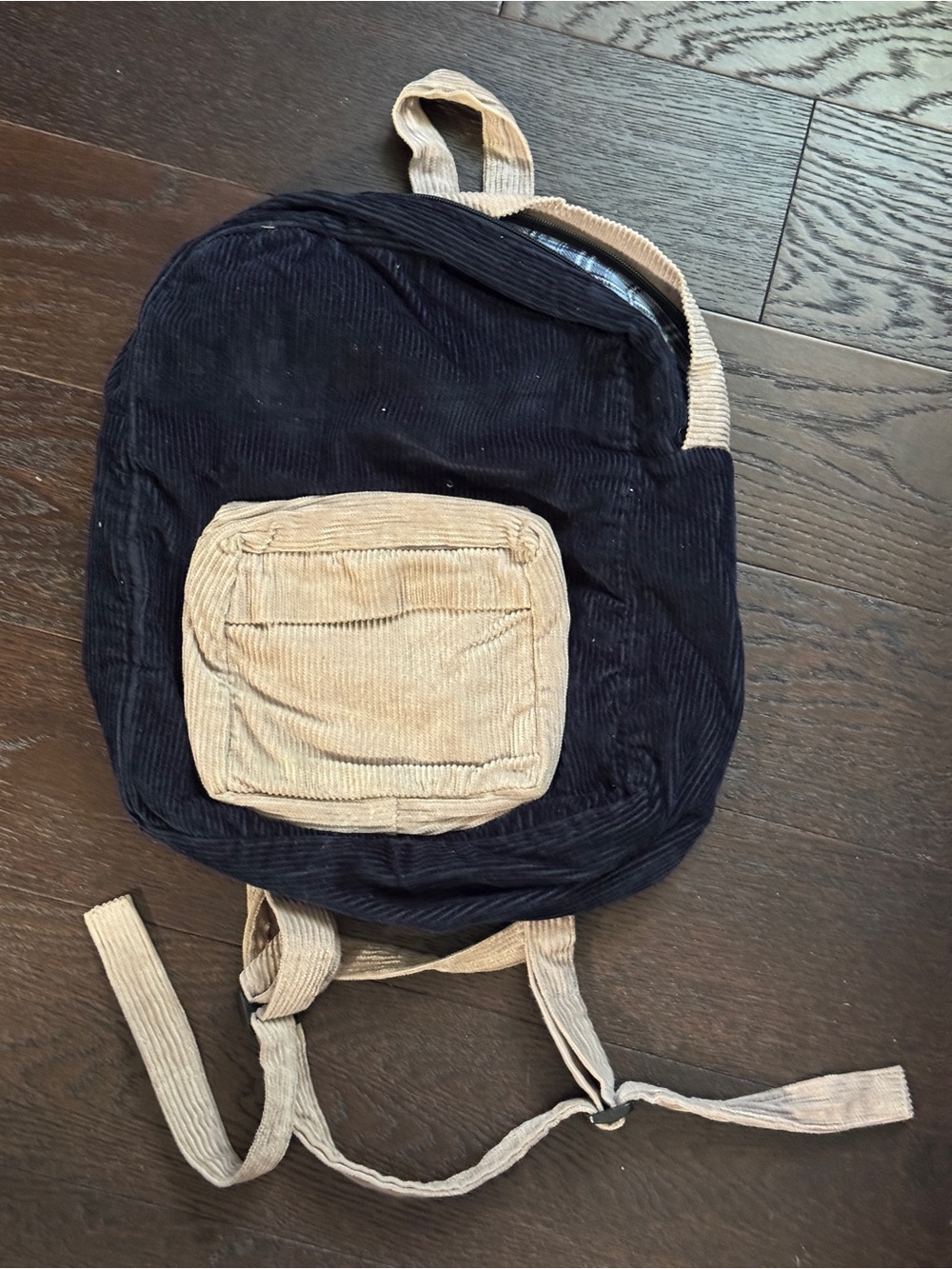 Classic Corduroy Two-Tone Backpack – Navy Blue & Tan
